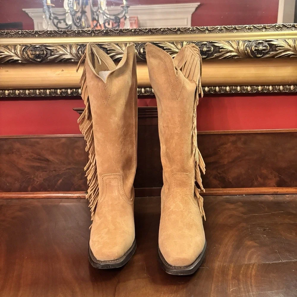 Dingo Womens 7M Camel Suede Fringe Western Boots Knee High Cowgirl Boho Festival - Picture 2 of 10